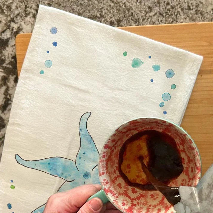 Starfish dish towel, 27x27 flour sack cotton