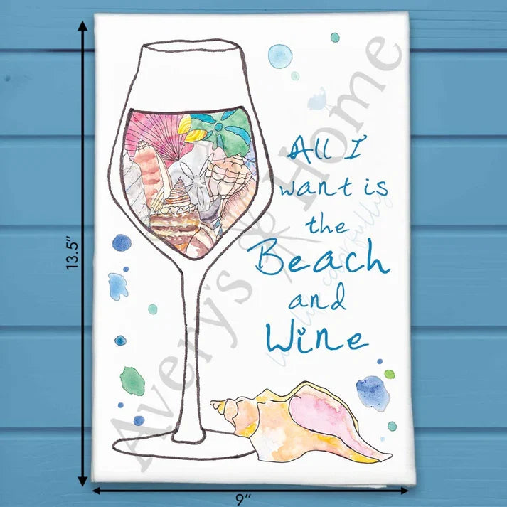 All I Want is the Beach & Wine flour sack dish towel, art by Avery Jackson