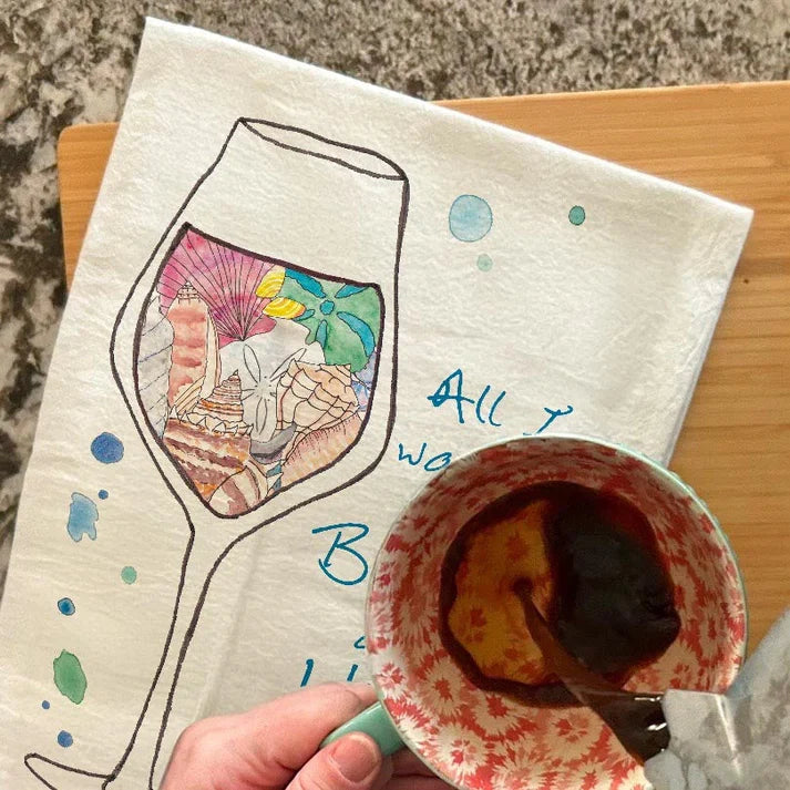 All I Want is the Beach & Wine dish towel, 27x27 flour sack cotton