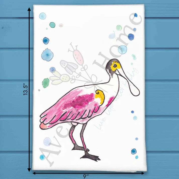 Roseate Spoonbill flour sack dish towel, art by Avery Jackson