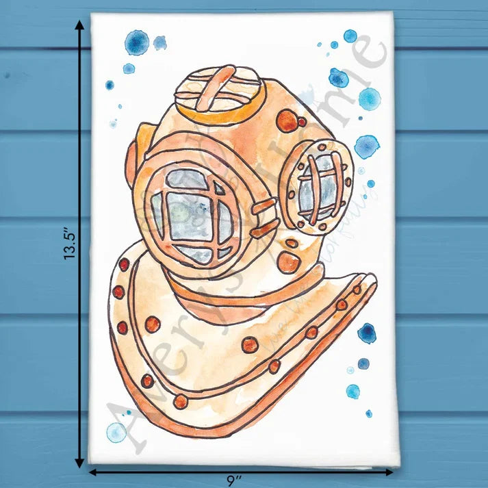 Vintage Scuba Helmet flour sack dish towel, art by Avery Jackson