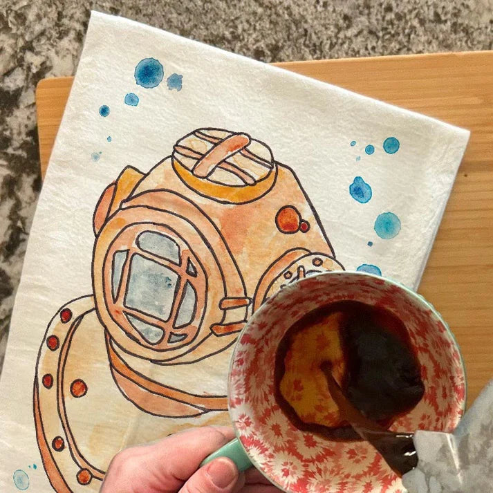 Vintage Scuba Helmet dish towel, 27x27 flour sack cotton