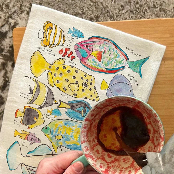 Tropical Fish dish towel, 27x27 flour sack cotton