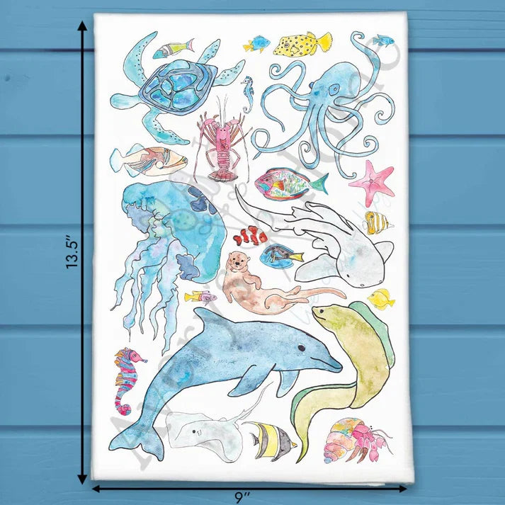 Ocean Animals flour sack dish towel, art by Avery Jackson