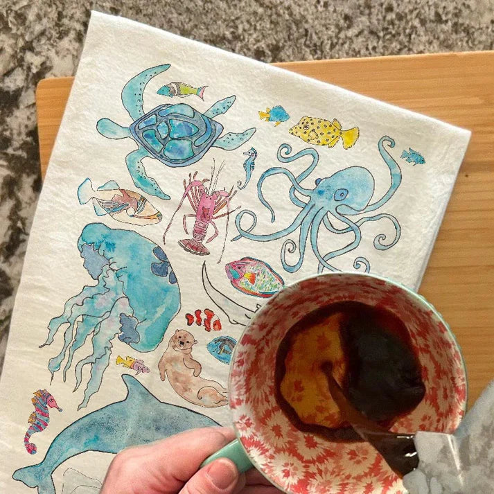 Ocean Animals dish towel, 27x27 flour sack cotton