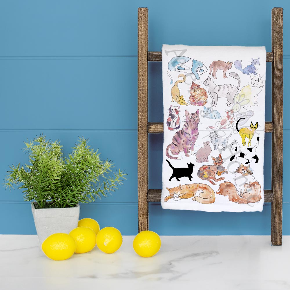 Adorable Cats dish towel folded, hemmed on all four sides