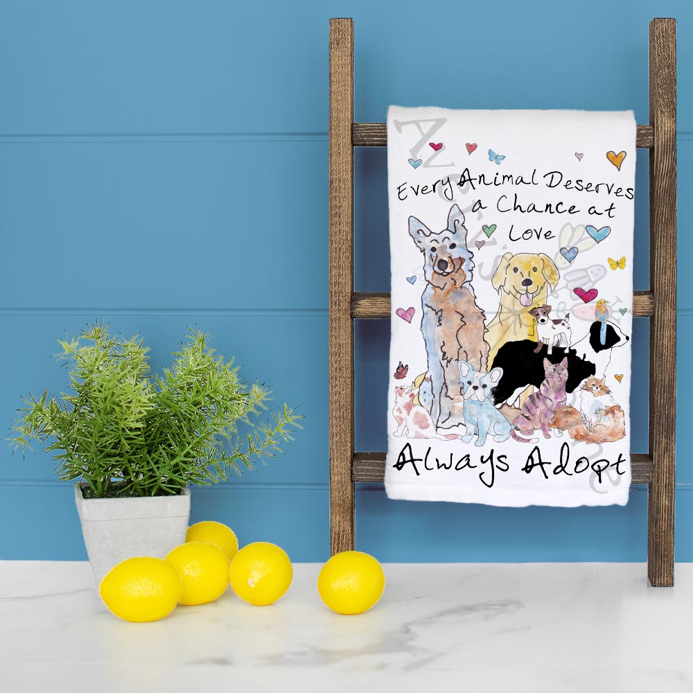 Adopt Don't Shop dish towel folded, hemmed on all four sides