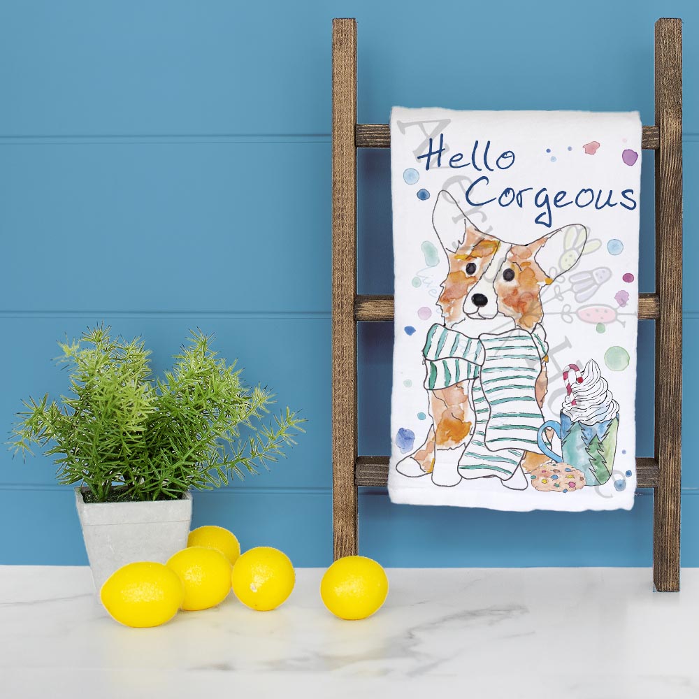 Hello Corgeous Winter Corgi dish towel folded, hemmed on all four sides