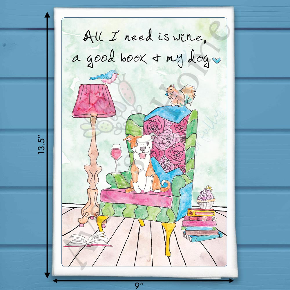 Wine, Good Book, and My Dog flour sack dish towel, art by Avery Jackson