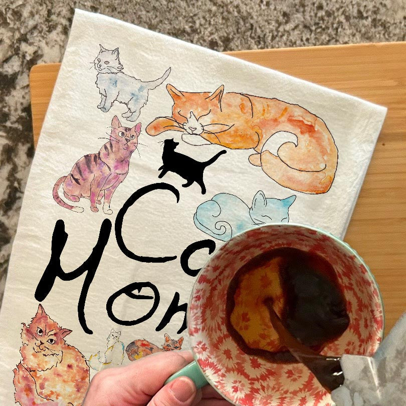 Cat Mom dish towel, 27x27 flour sack cotton