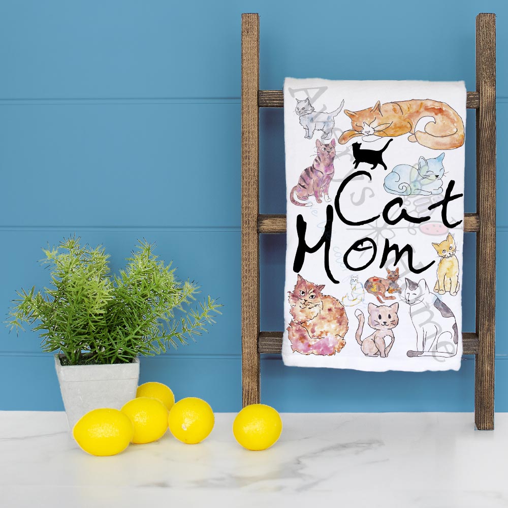 Cat Mom dish towel folded, hemmed on all four sides