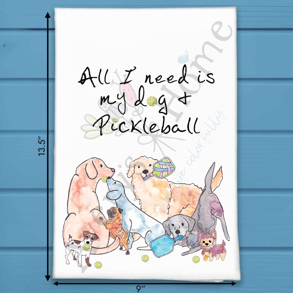 Dog & Pickleball flour sack dish towel, art by Avery Jackson