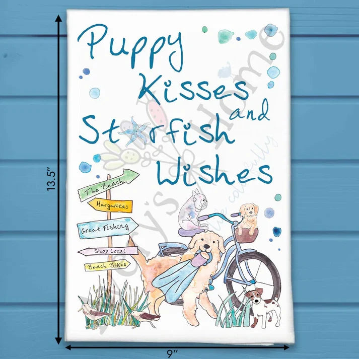 Puppy Kisses and Starfish Wishes flour sack dish towel, art by Avery Jackson