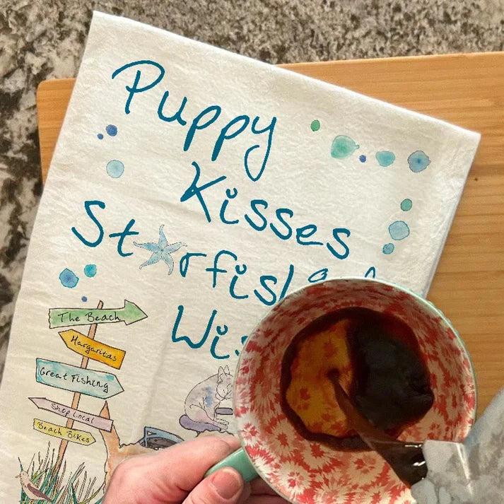 Puppy Kisses and Starfish Wishes dish towel, 27x27 flour sack cotton