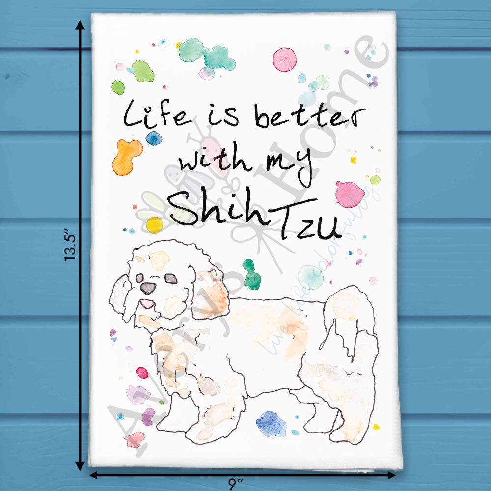 Shih Tzu flour sack dish towel, art by Avery Jackson