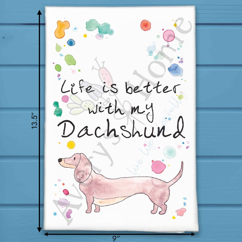 Dachshund flour sack dish towel, art by Avery Jackson