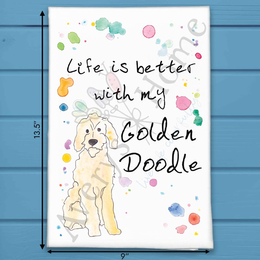 Goldendoodle flour sack dish towel, art by Avery Jackson