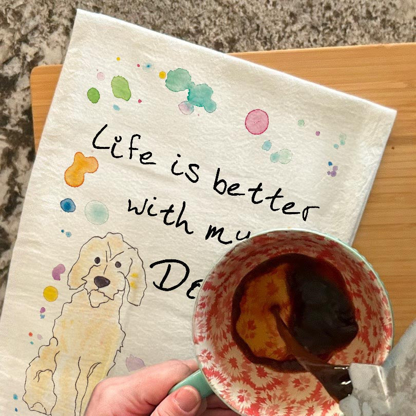 Doodle Dog dish towel, 27x27 flour sack cotton