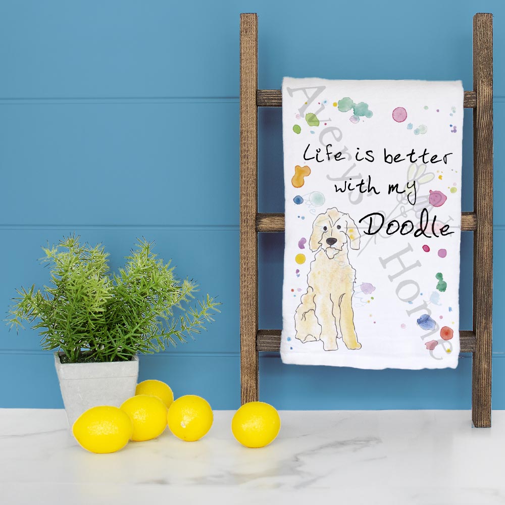 Doodle Dog dish towel folded, hemmed on all four sides