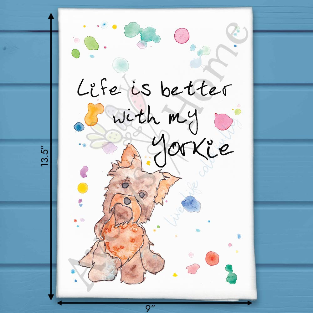 Yorkie flour sack dish towel, art by Avery Jackson