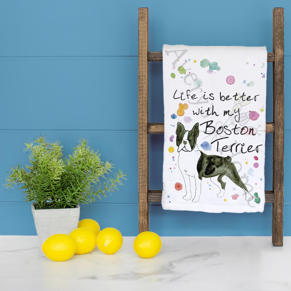 Boston Terrier dish towel folded, hemmed on all four sides