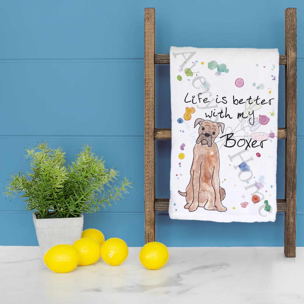 Boxer Dog dish towel folded, hemmed on all four sides