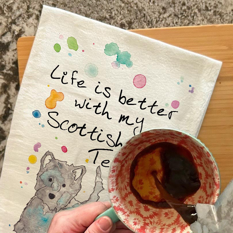 Scottie Dog dish towel, 27x27 flour sack cotton