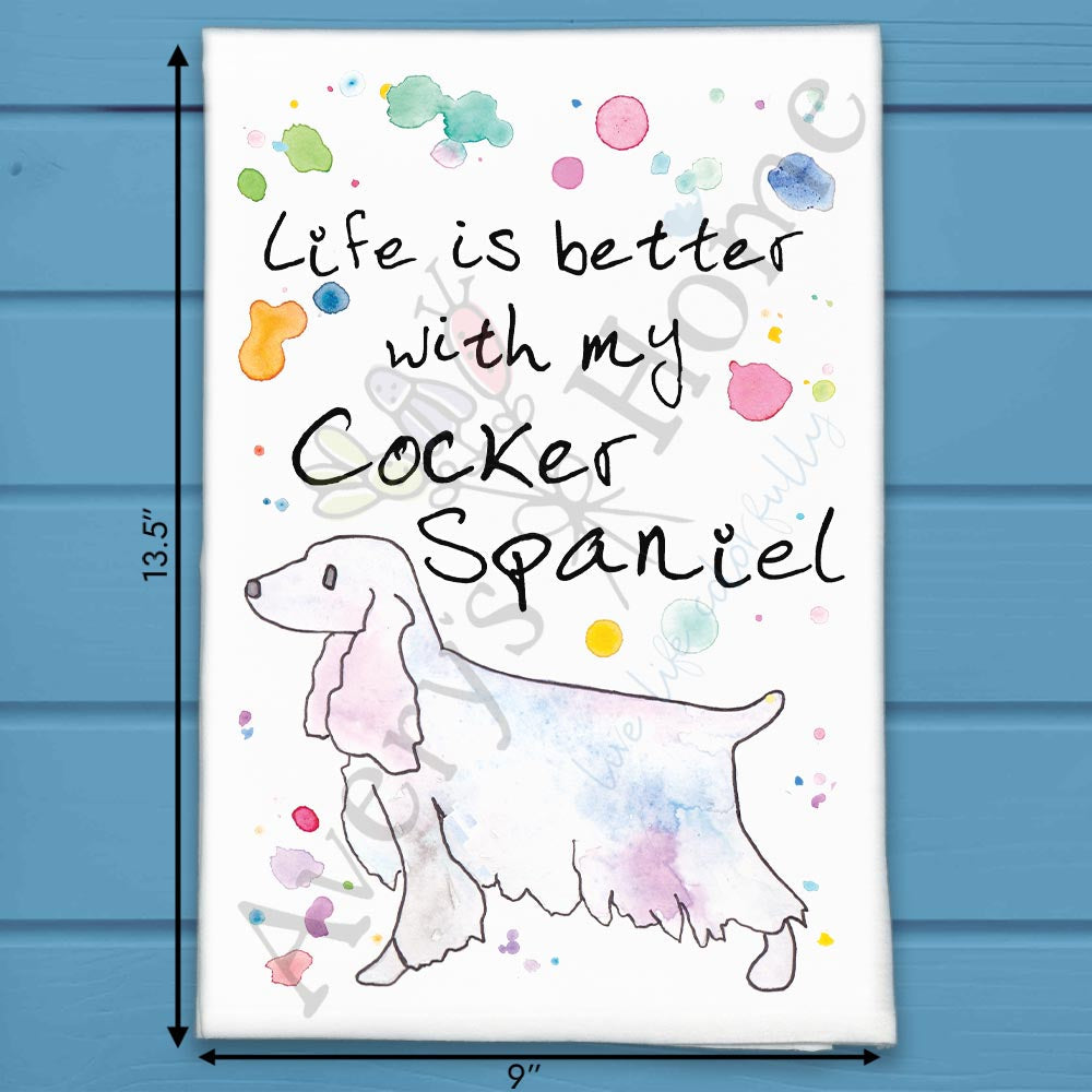 Cocker Spaniel flour sack dish towel, art by Avery Jackson
