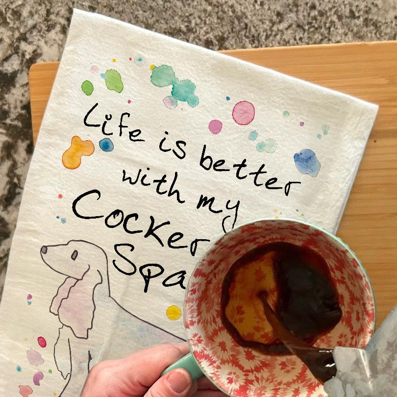 Cocker Spaniel dish towel, 27x27 flour sack cotton