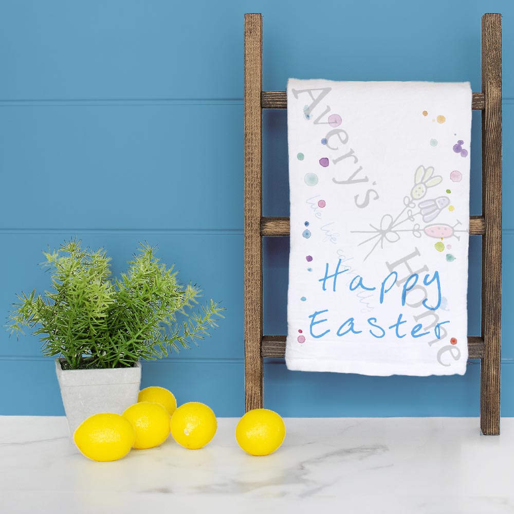 Happy Easter dish towel folded, hemmed on all four sides