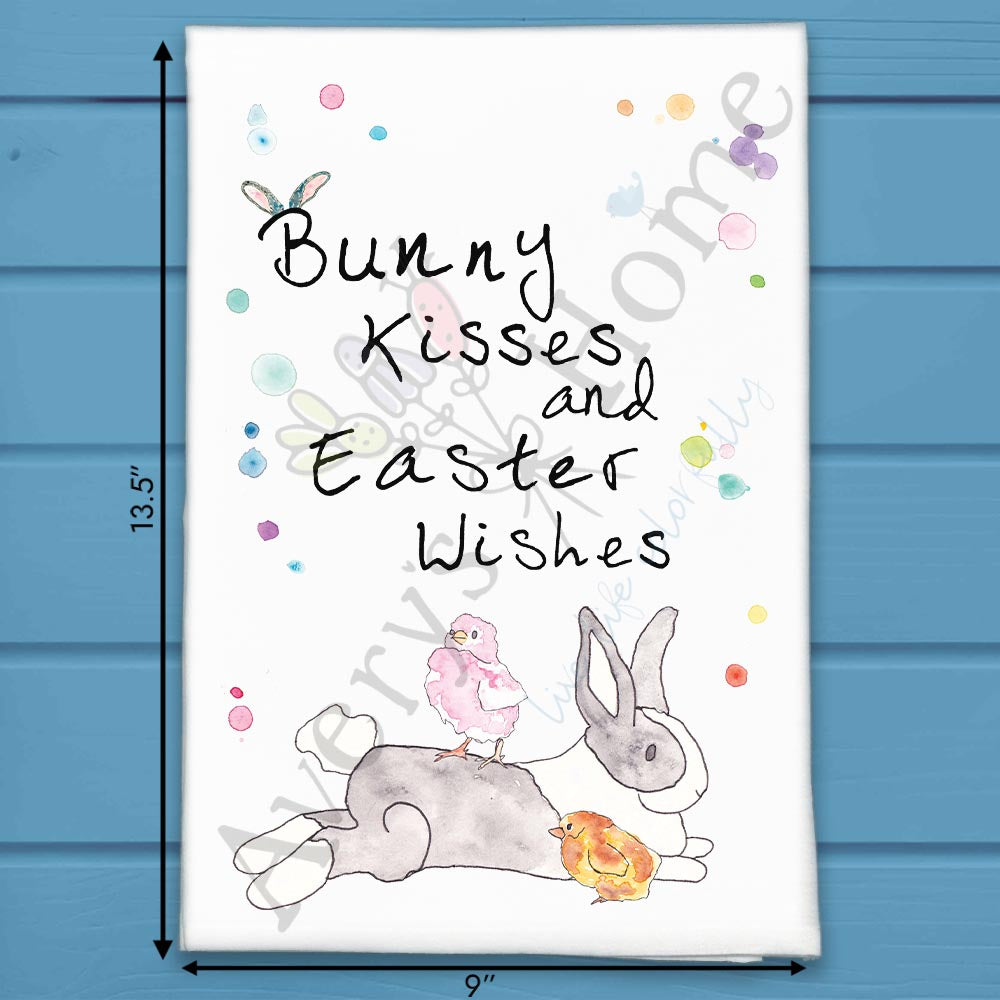Bunny Kisses flour sack dish towel, art by Avery Jackson
