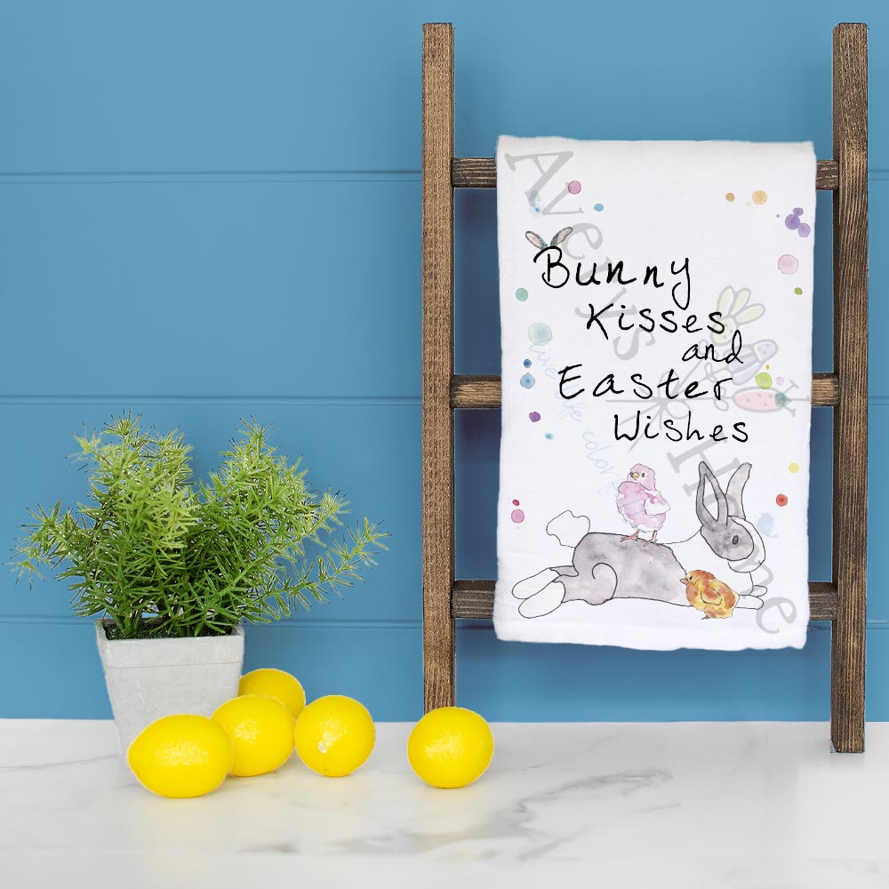 Bunny Kisses dish towel folded, hemmed on all four sides