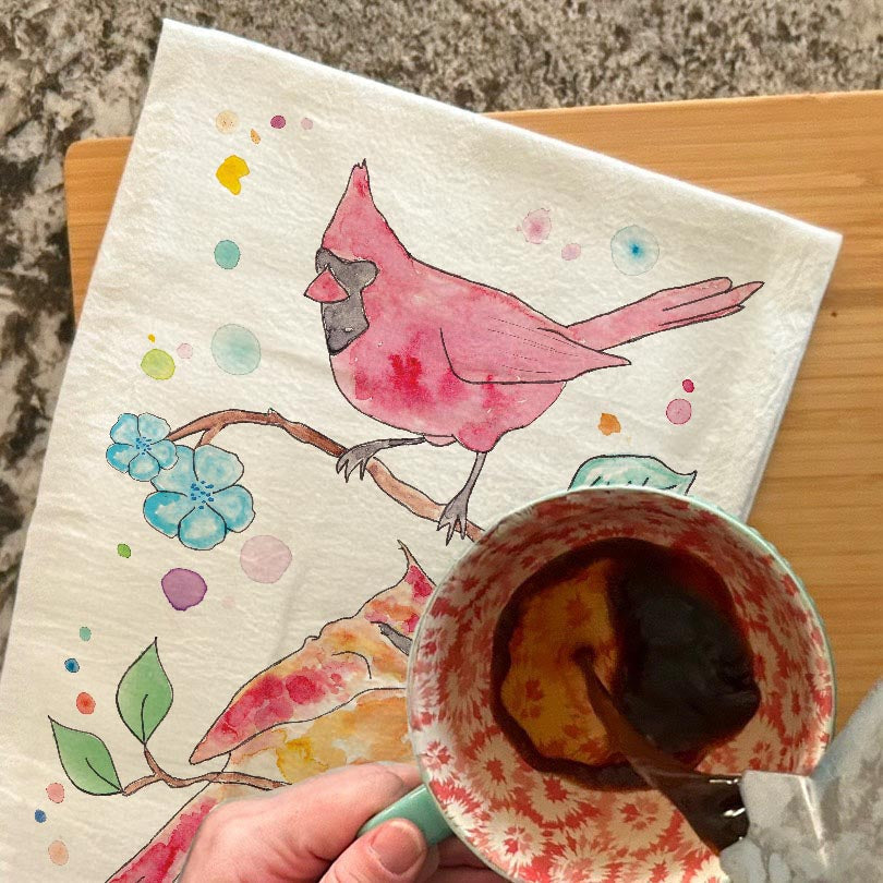 Spring Cardinal dish towel, 27x27 flour sack cotton
