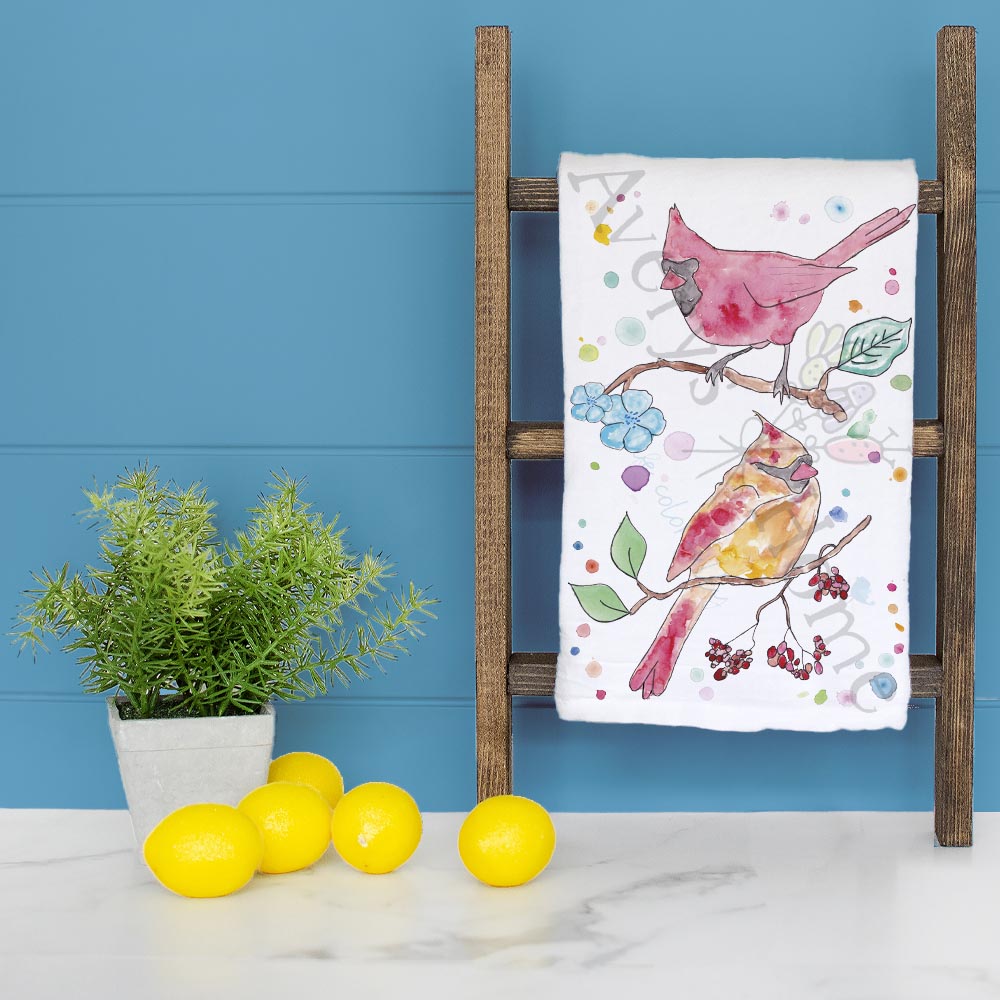 Spring Cardinal dish towel folded, hemmed on all four sides