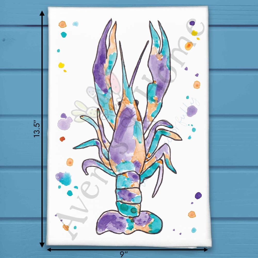 Crawfish Mardi Gras flour sack dish towel, art by Avery Jackson