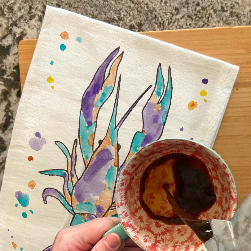 Crawfish Mardi Gras dish towel, 27x27 flour sack cotton