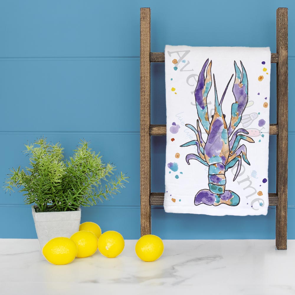 Crawfish Mardi Gras dish towel folded, hemmed on all four sides