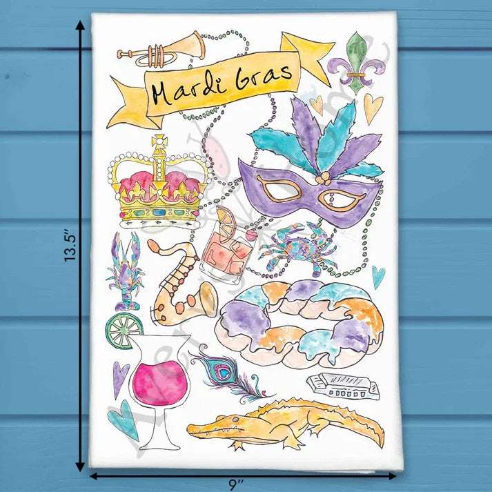 Mardi Gras Party Icons flour sack dish towel, art by Avery Jackson