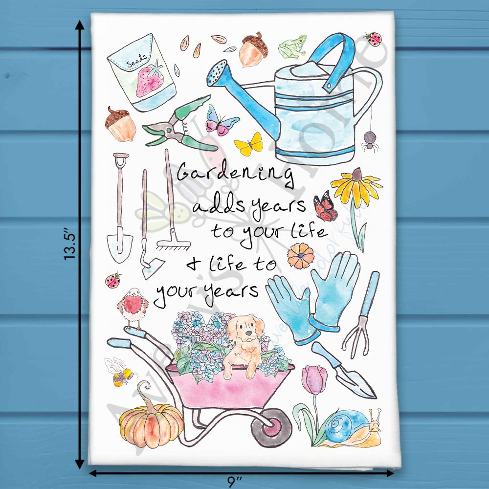 Gardening Adds Years flour sack dish towel, art by Avery Jackson