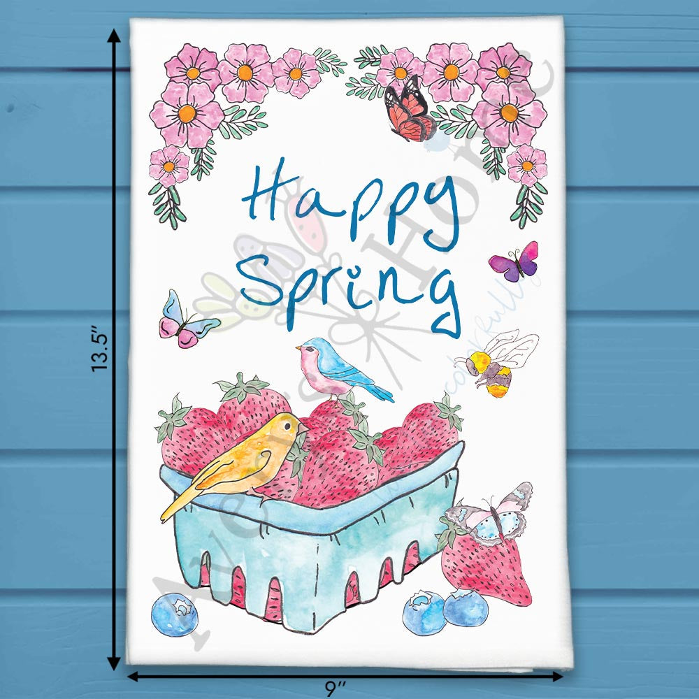 Happy Spring flour sack dish towel, art by Avery Jackson