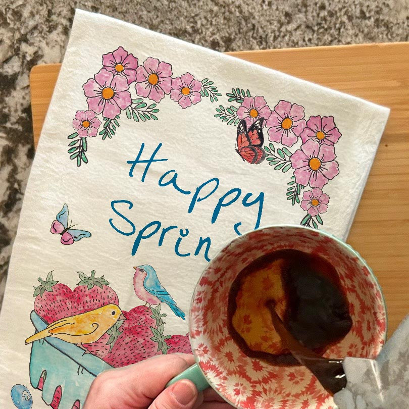 Happy Spring dish towel, 27x27 flour sack cotton