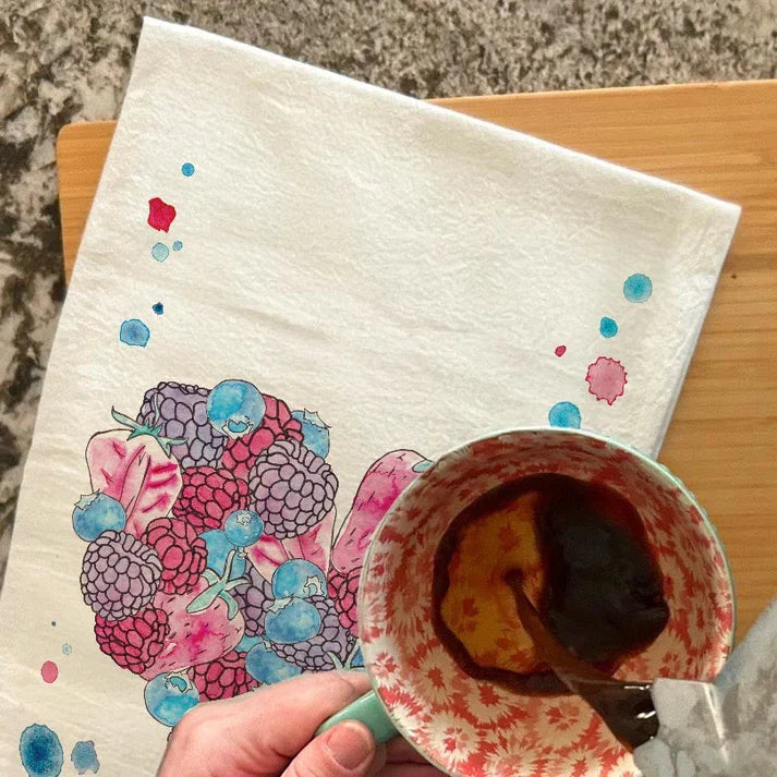 Berry Heart dish towel, 27x27 flour sack cotton