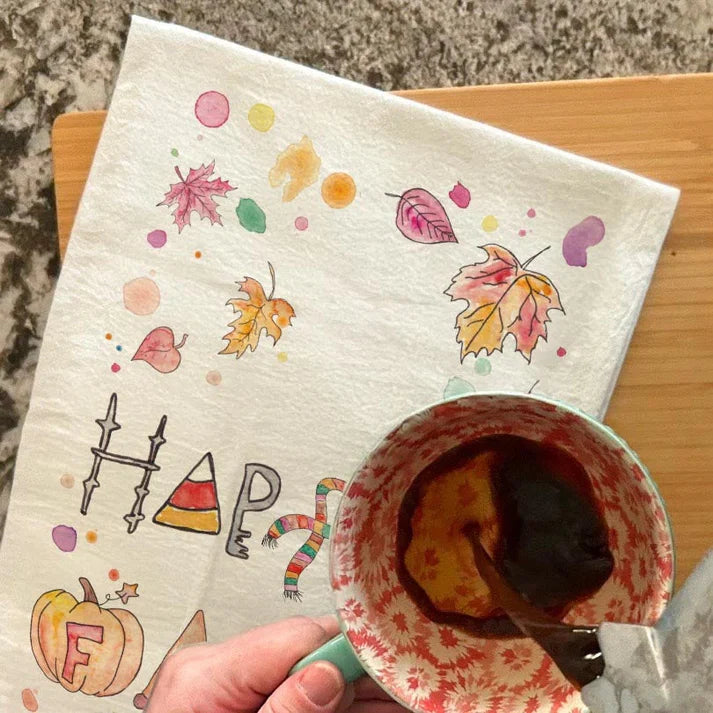 Happy Fall dish towel, 27x27 flour sack cotton