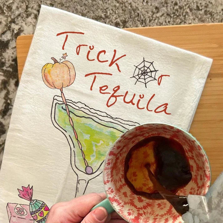 Trick or Tequila dish towel, 27x27 flour sack cotton