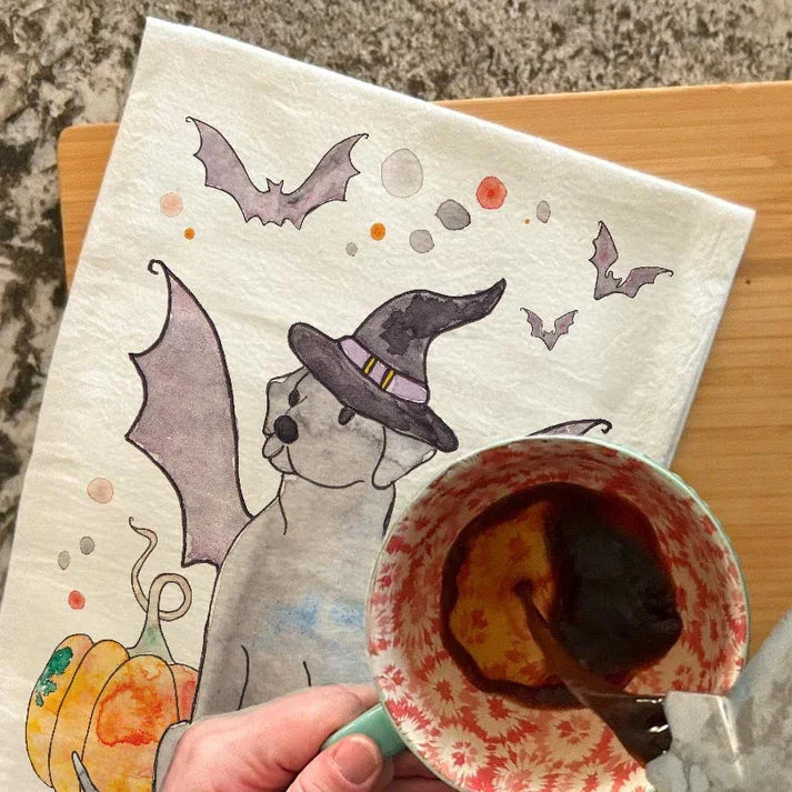 Bat Dog Halloween dish towel, 27x27 flour sack cotton