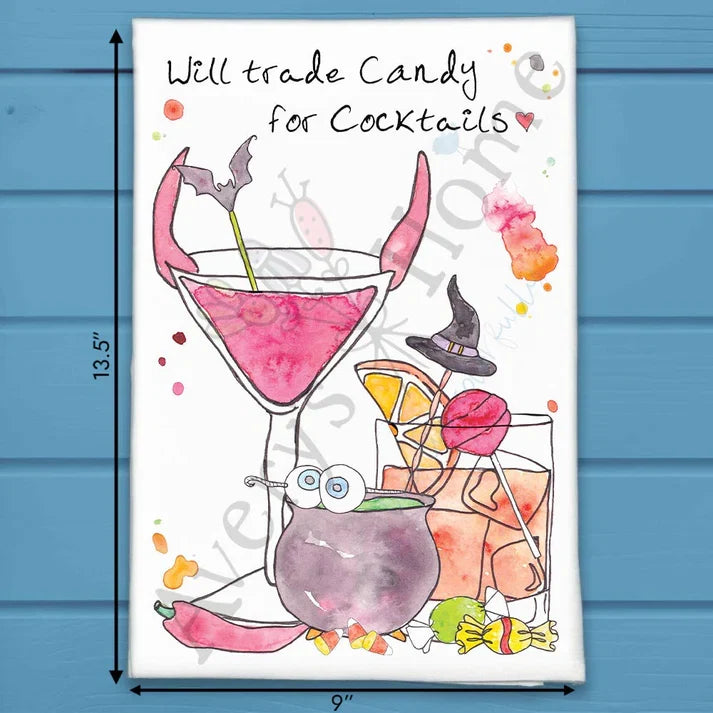 Will Trade Candy for Cocktails flour sack dish towel, art by Avery Jackson