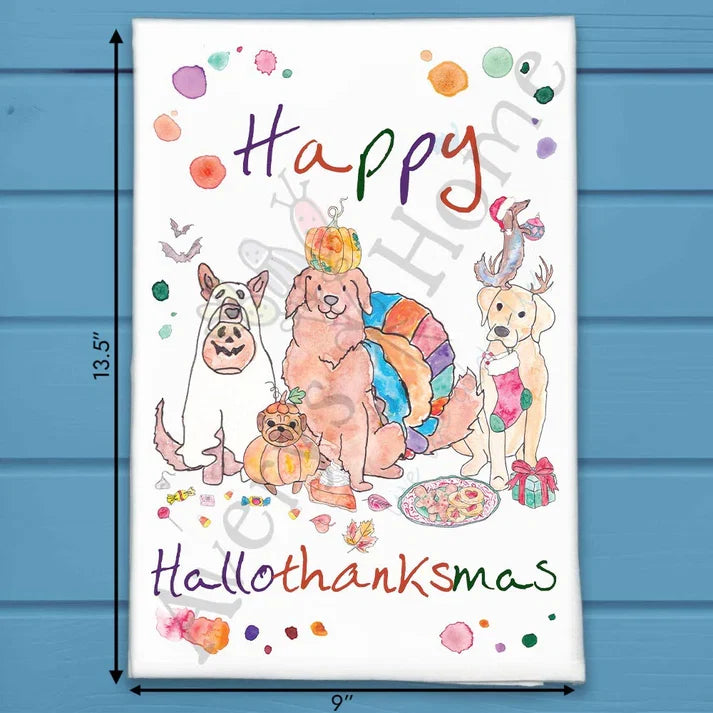 Halloween Thanksgiving & Christmas Dog flour sack dish towel, art by Avery Jackson