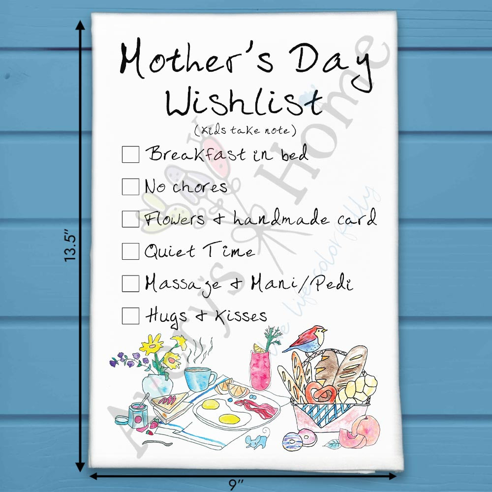 Mother's Day Wishlist flour sack dish towel, art by Avery Jackson