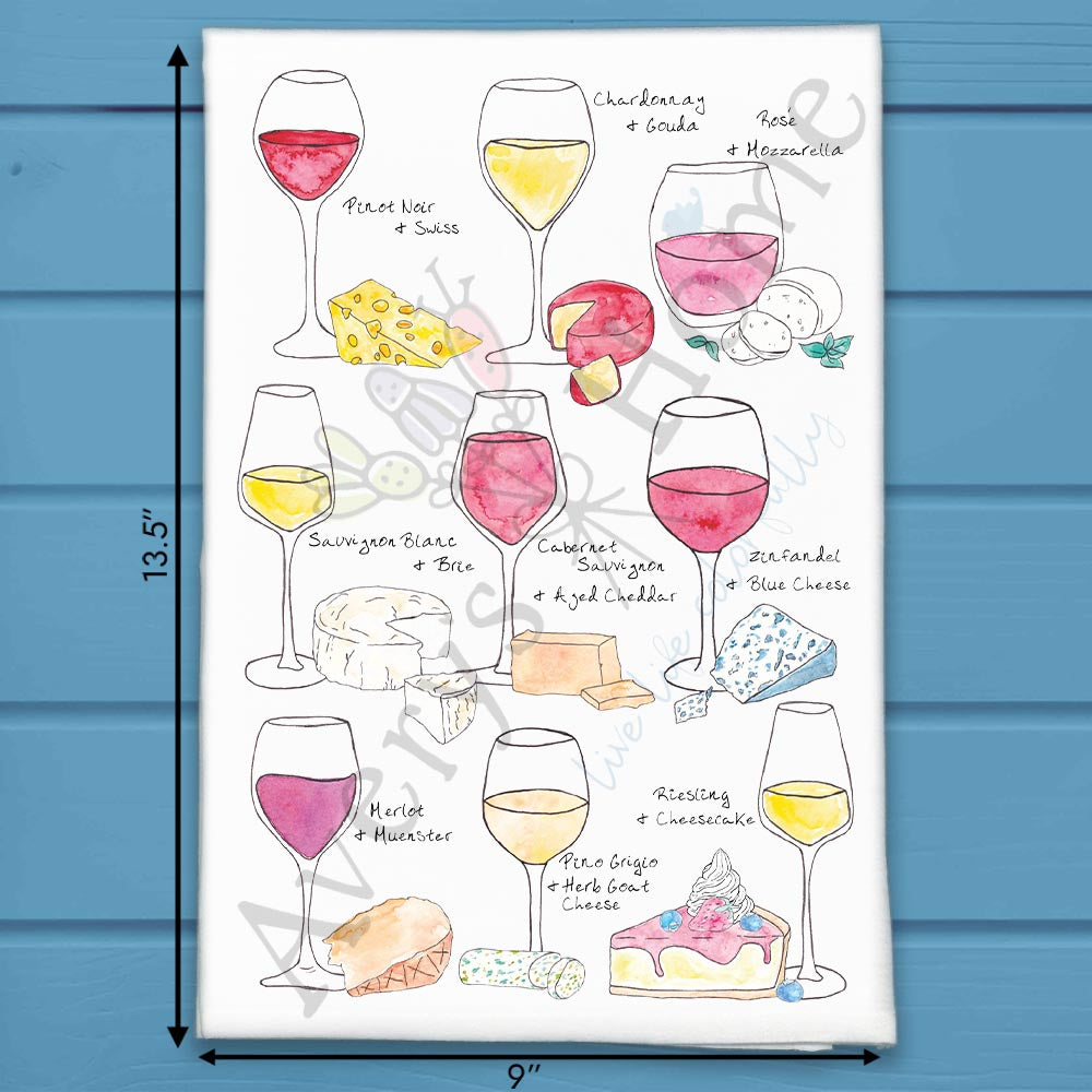 Wine and Cheese Pairing flour sack dish towel, art by Avery Jackson