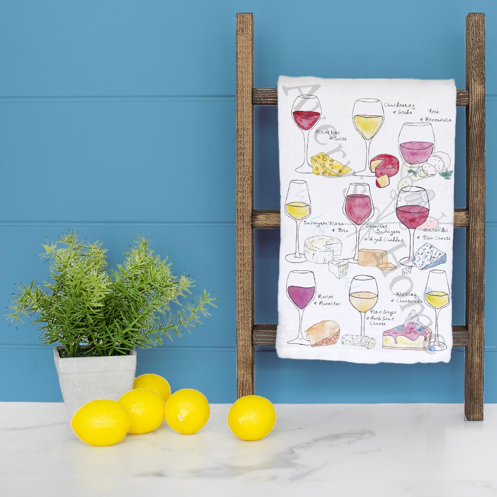 Wine and Cheese Pairing dish towel folded, hemmed on all four sides